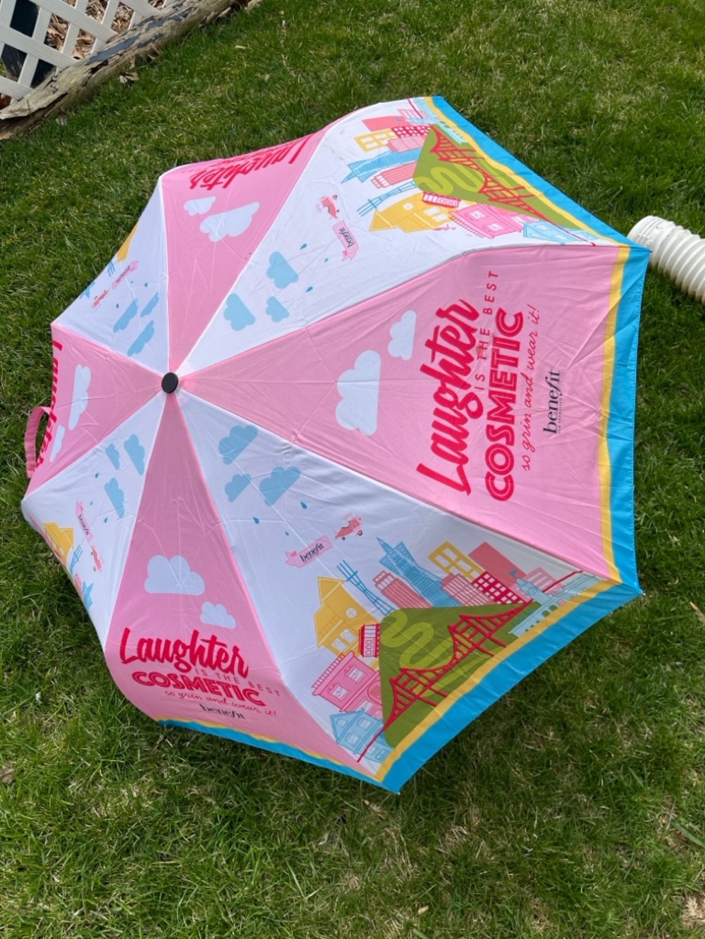 Benefit Pink and Blue 'Laughter is the Best Cosmetic' Promotional Umbrella